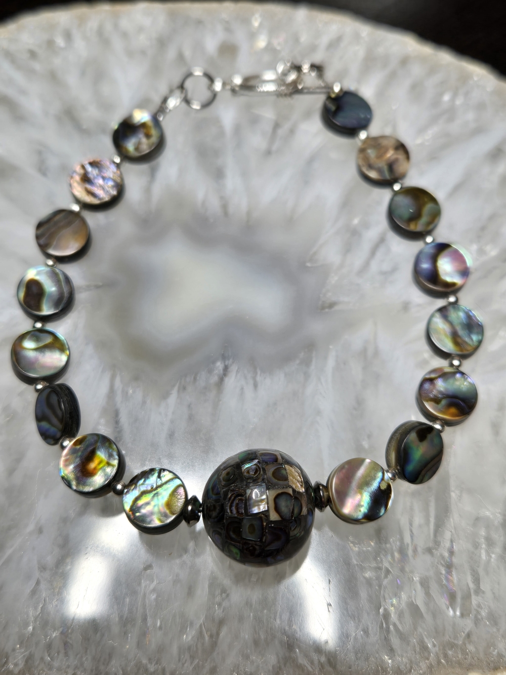 Artisan Iridescent Abalone Necklace with Central Mosaic Bead